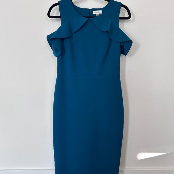 Calvin Klein Blue Green Sheath Dress Midi Size 8 Business Formal Work Wedding - Picture 1 of 8